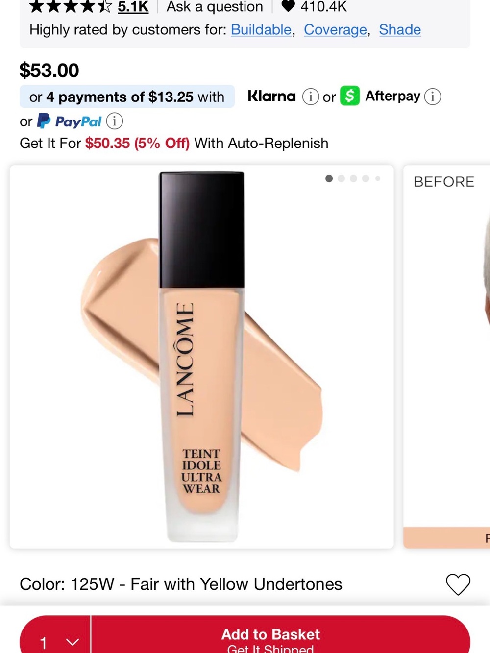 Teint Idole Ultra Wear Foundation — 125W Fair with Yellow Undertones